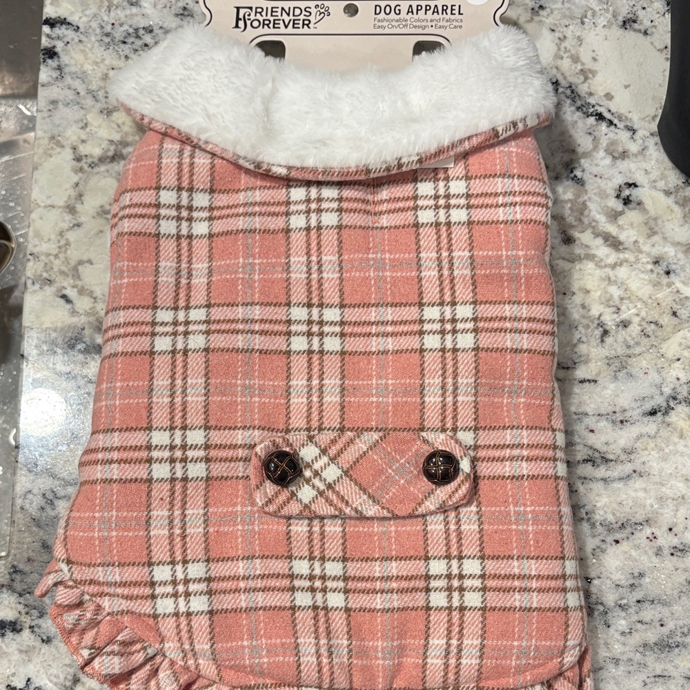 Pink Plaid Dog Coat with Fur Collar and Velcro Straps